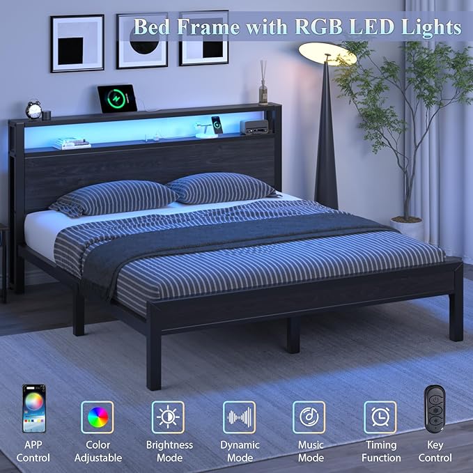 Queen Size Bed Frame with Storage Headboard, Industrial Platform Bed with Charging Station and LED Lights, Heavy Duty Metal Slats, No Box Spring Need, Noise Free, Black