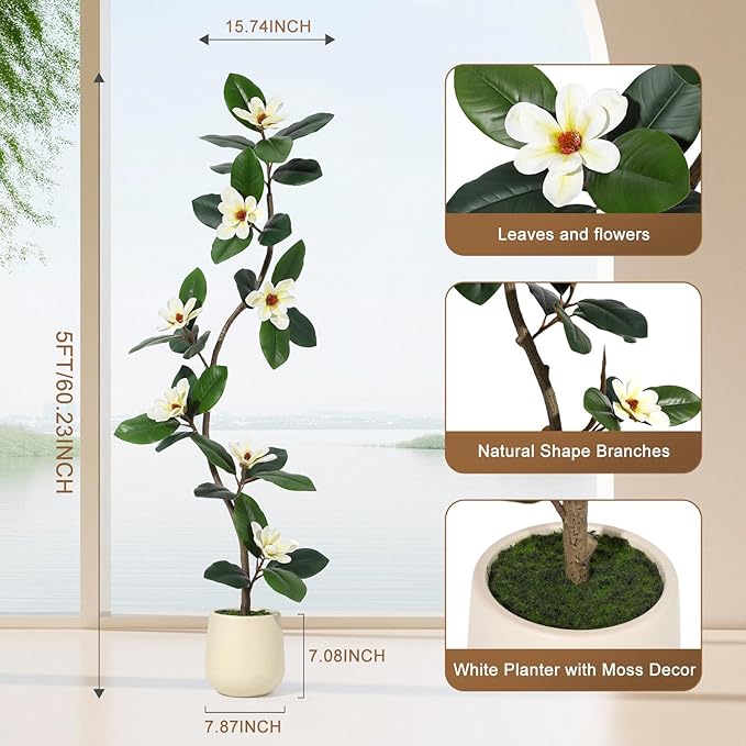5FT Tall Artificial Rubber Tree with White Planter, Large Fake Magnolia Tree with Flowers & Green Leaves, Big Faux Floor Plant for Indoor Living Room Office Home Decor