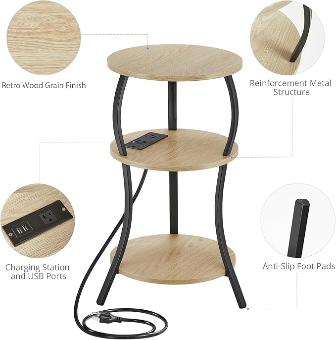 Small Round Side Table with Charging Station, 3-Tier Waist Circular End Table with Storage Shelf, Compact Tea Sofa Side Table Small Spaces, Round Corner Coffee Table for Living Room Bedroon,Oak