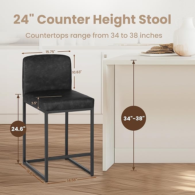 PHI VILLA Bar Stools - Counter Height Bar Stool Leather Kitchen Counter Barstools, Black Bar Stools with Back