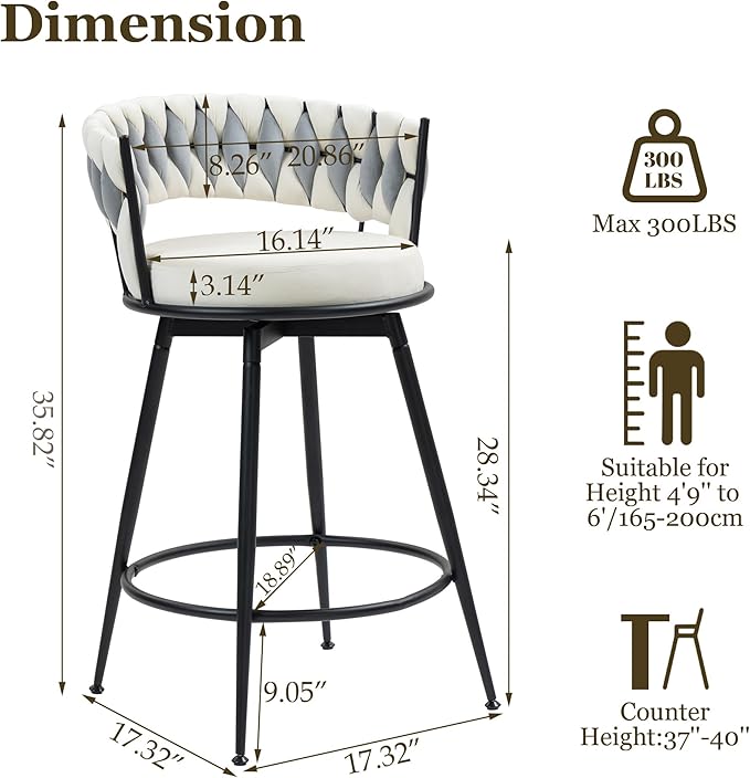 Counter Height Bar Stools Set of 3, 28 Inch Bar Stool with Metal Legs, 360° Swivel Barstools with Woven Back Leather Upholstered, Modern Chair for Kitchen Island, Cafe