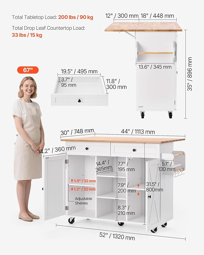 VEVOR Kitchen Island Cart, with Solid Wood Top and Storage Cabinet, Mobile Rolling Table with Drop Leaf, Drawers, Spice Towel Rack, Portable Islands on Swivel Wheels for Dining Room, 52in Width, White