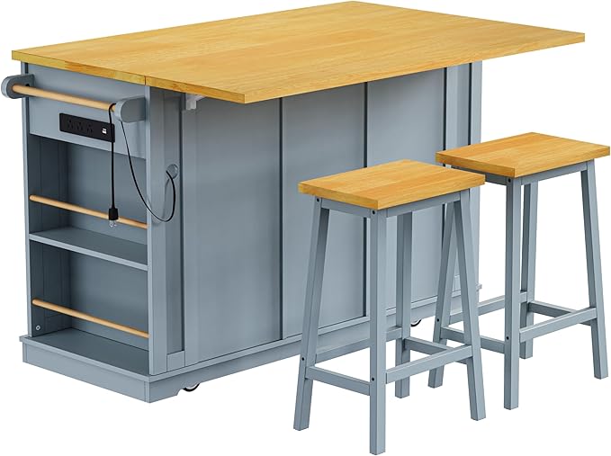 Merax 53" Upgraded Kitchen Cart Island with 2 Bar Stools on Wheels with Power Outlet,Drop Leaf,3 Drawers and 5 Open Side Racks,Wood Rolling Storage Cabinet