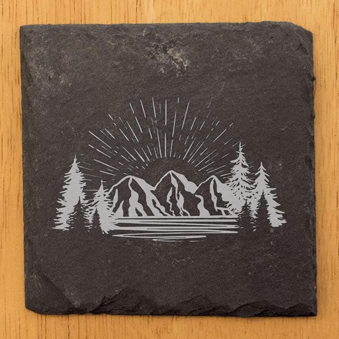 Mountain Majesty Slate Coasters with Stunning Mountain Scene Design - Perfect for Home and Office Decor and Protection of Surfaces, Available in Square or Round Coasters - Square Slate - Set of 4