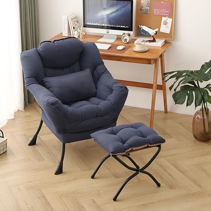 Lazy Chair with Ottoman, Modern Accent Chair with Lumbar Pillow, Comfy Chairs with Folding Footrest for Bedroom, Reading, Oversized Supportive Lounge Chairs(Navy Blue)