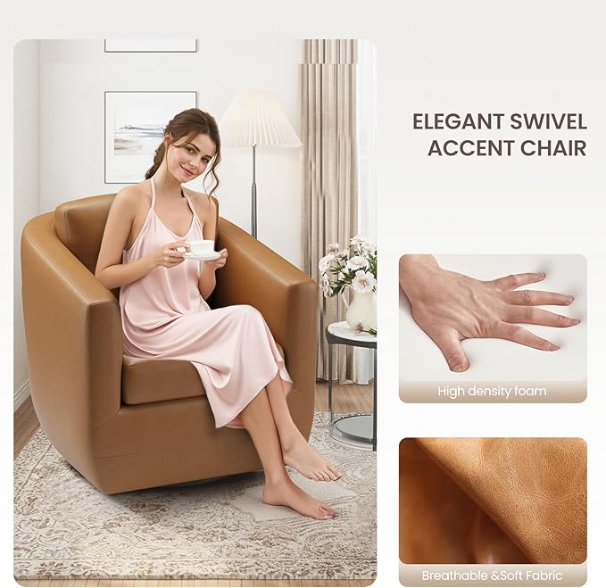 COLAMY 360° Swivel Accent Chair Set of 2 with Pillow, Leather Living Room Armchair No-Sag Foam & Sturdy Metal Base, Fully Assembled Swivel Single Sofa for Bedroom Living Room, Reading Room, Brown