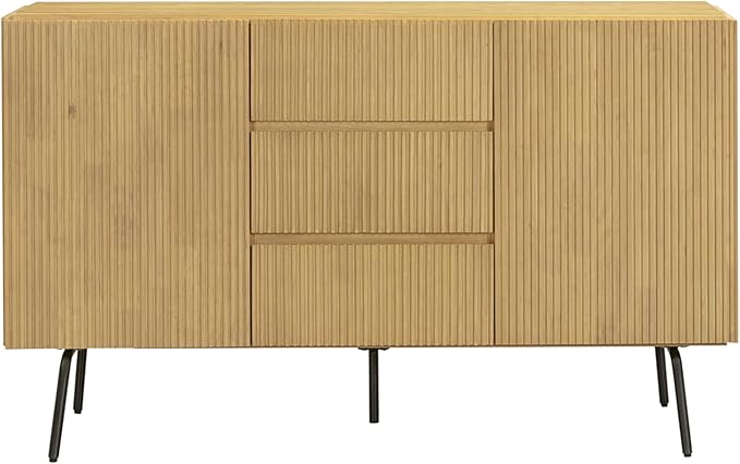 NTC Veil Sideboard with 2 Doors and 3 Drawers, Buffet Cabinet with Vertical Groove Design and Metal Legs, Storage Cabinet for Living Room, and Entryway, Effortless Assembly, Sand