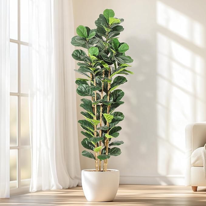 GarveeHome 7FT Faux Fiddle Leaf Fig Tree with White Pot, Faux Trees with Artificial Plants 107 Fiddle Leaves Greenery - Lifelike Fake Tree for Home Office Store Room Decor Indoor Outdoor