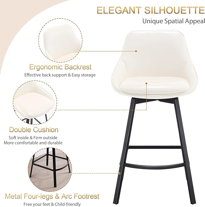 Zesthouse Swivel Counter Height Stools Set of 2, Modern Upholstered Barstools with Backs, 26'' Faux Leather High Chairs for Island Kitchen, Counter Height Chairs with Metal Legs, White