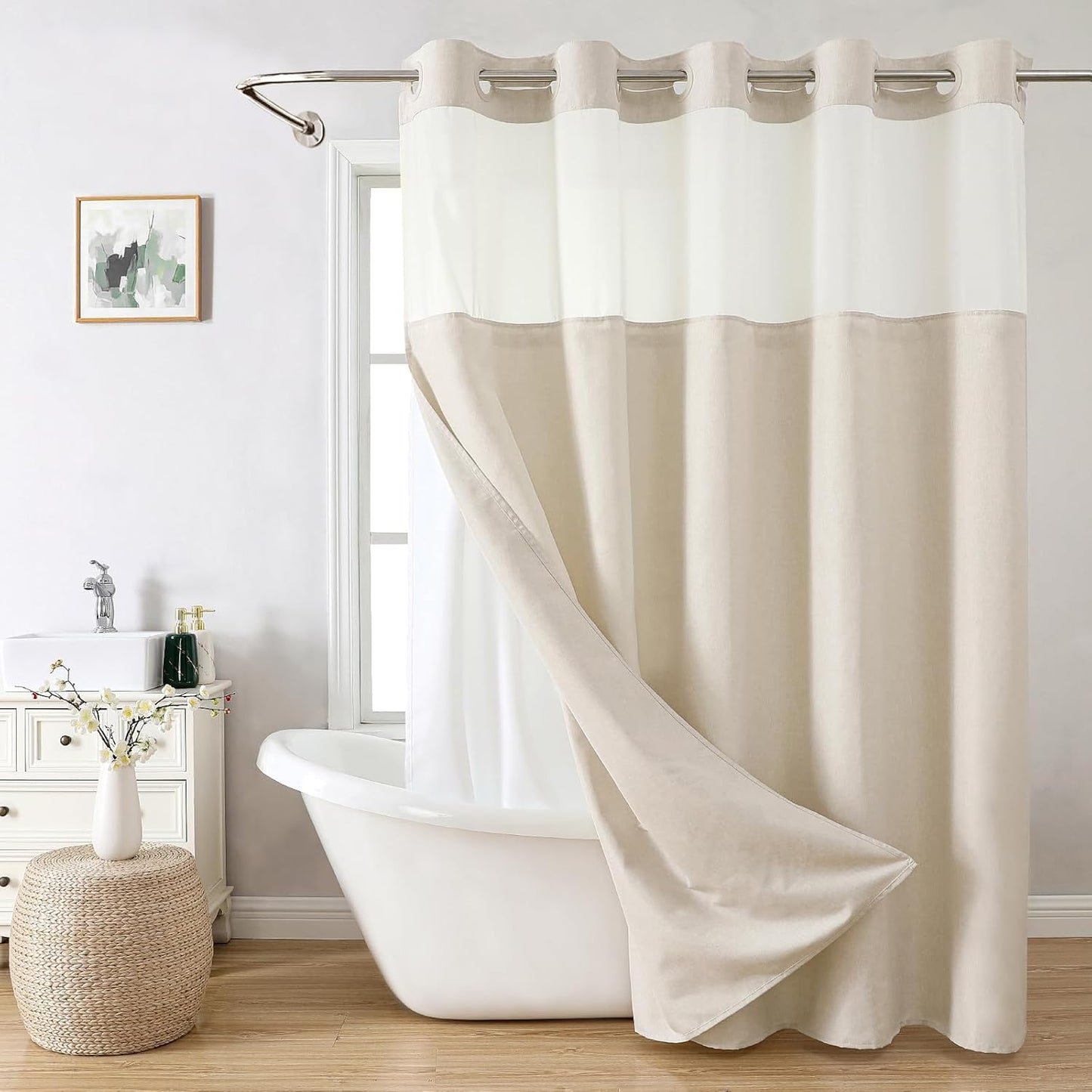 No Hooks Needed Linen Textured Shower Curtain with Snap-in Fabric Liner Set,Cream Hotel Luxury Decor Shower Curtains for Bathroom,Waterproof & Washable,71Wx77H