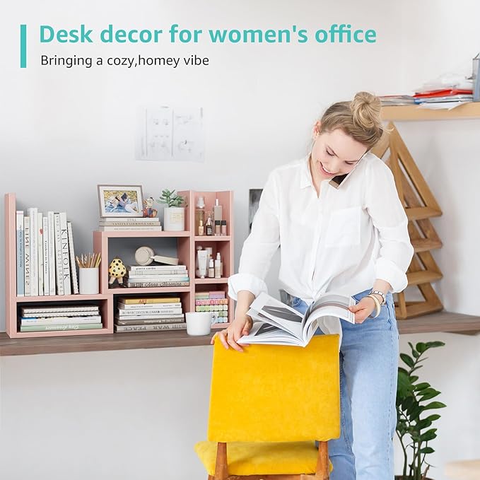 Desk Shelves Desktop Orgnizer Shlef - Pink Office Organization for Top of Desk Organizers and Accessories Corner Bookshelf Table Top Shelving Small Hutch Decorations for Office