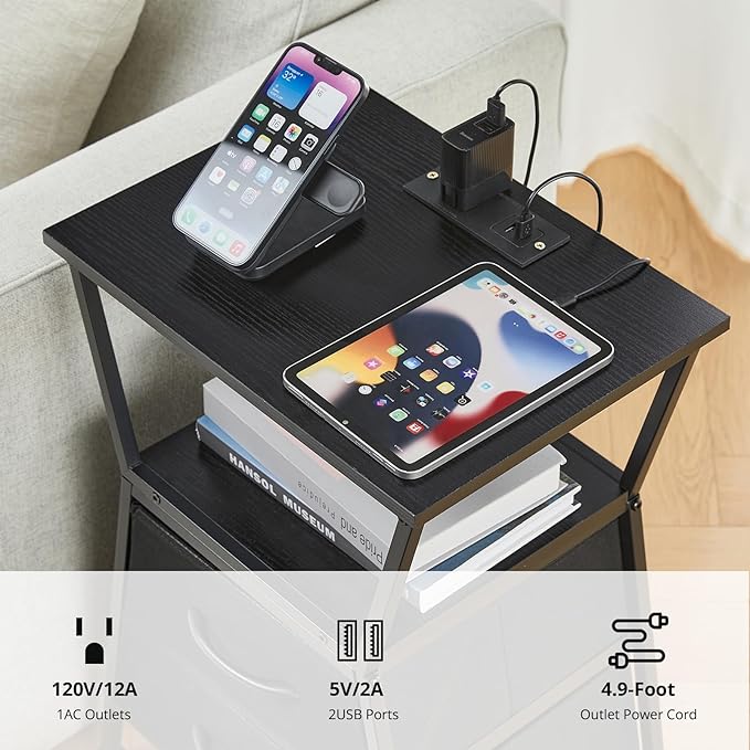 Nightstand with Charging Station, Side Tables for Bedroom with Built-in USB Side Table with 2 USB Ports and Outlets Nightstand with Cloth Drawer End Tables Living Room Sofa Couch