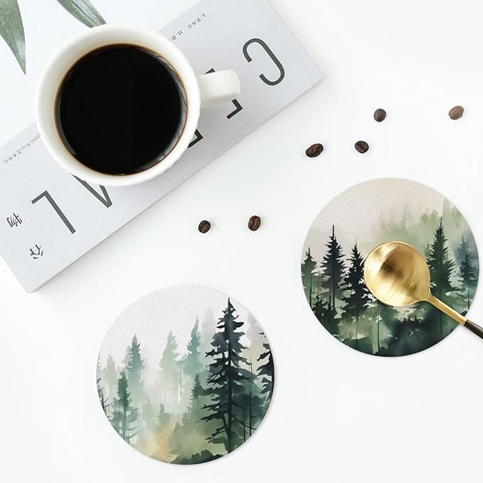 Forest Pine Trees Coasters Set of 6 Coasters for Drinks Absorbent Double-Sided Leather PVC Coaster for Tabletop Protection Coffee Table Decor Ideal for Home Decor House Warming Gifts