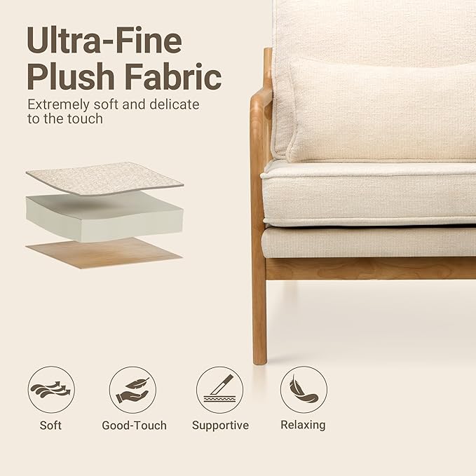 Modern Accent Chair Set of 2 with Lumbar Pillow, Relaxing Mid Century Chair Armchair with Solid Wood Frame & Soft Cushion, Reading Leisure Armchair for Living Room, Beige