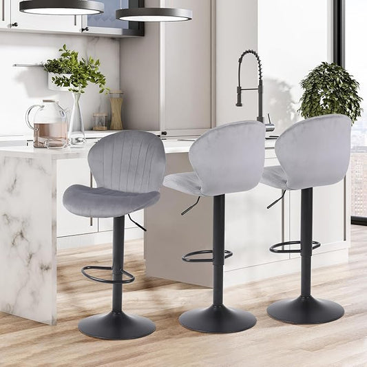 Modern Bar Stools Set of 3, Velvet Height Adjustable Swivel Barstools, Armless Kitchen Island Counter Chairs with Back & Footrest, Grey