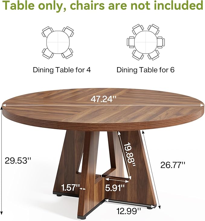 LITTLE TREE Round Dining Table for 4-6 People, 47 Inches Dining Room Table with Wooden Pedestal Base, Brown Dinner Tables, Circle Kitchen Tables for Dining Room, Kitchen, Living Room(Table Only)