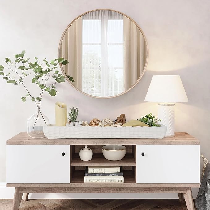 Oakrain 30 inches Large Decorative Bowl for Home Decor, White Dough Bowl with Hand Carved Irregular Texture, Unique Table Centerpieces, Wooden Home Decor Accents for Farmhouse Boho Rustic Style