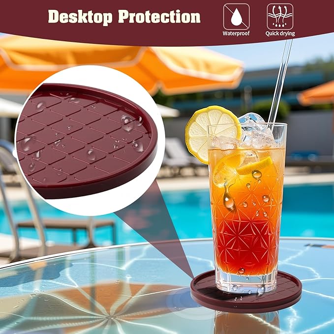 Coasters,Drink Coasters Set of 8 with Holder (Wine red, 12pcs)