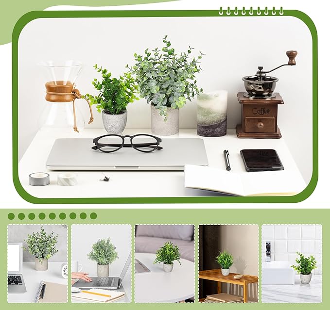 Fake Plants,5Pack Mini Potted Artificial Plant Small Faux Plant Indoor Outdoor for Home Decor,Eucalyptus Greenery Plastic Fake Green Grass Plants for Office Bathroom Shelf Farmhouse Coffee Table Decor