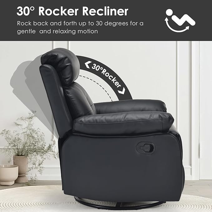 Swivel Rocker Recliner, 360 Swivel Small Recliners with 30 Degree, 90-150 Degree Angle, Faux Leather Lift Chair for Home Theater Seating, Adults, Living Room, Bedroom, Black