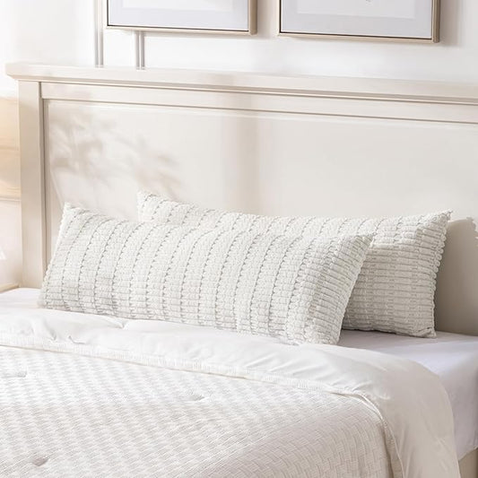 Fancy Homi 2 Packs Cream Boho Long Body Lumbar Decorative Throw Pillow Cover 14x36 Inch for Bed Couch Bedroom Bench, Soft Corduroy Rectangle Solid Pillow Case 35x91 cm, Rustic Farmhouse Room Decor