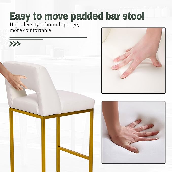 White and Gold Counter Height Bar Stools Set of 2 for Kitchen Counter Modern Bar Chairs with Backs for Kitchen Island with Upholstered Faux Leather Seat and Metal Frame, 26 Inch