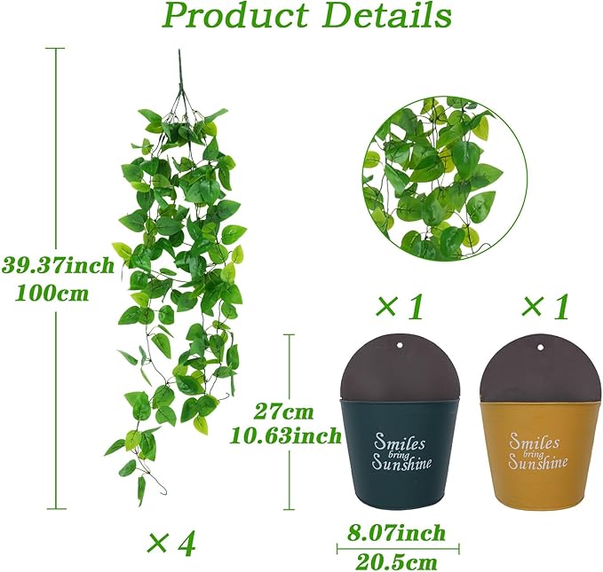 Hanging Plants Artificial Decor,4PCS 13FT Faux Ivy Vine with Planters Wall Fake Hanging Plants in Pots,Silk Greenery Faux Vines for Home Bedroom Living Aesthetic Patio Indoor Outdoor Decor