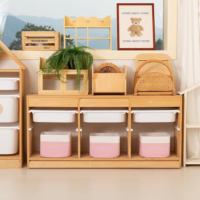 OIAHOMY 9”x9”x7” Storage Cubes, Cotton Rope Woven Baskets for Organizing, Cube Storage Bin, Small Gift Basket for Shelf, 3-Pack, Pink&White