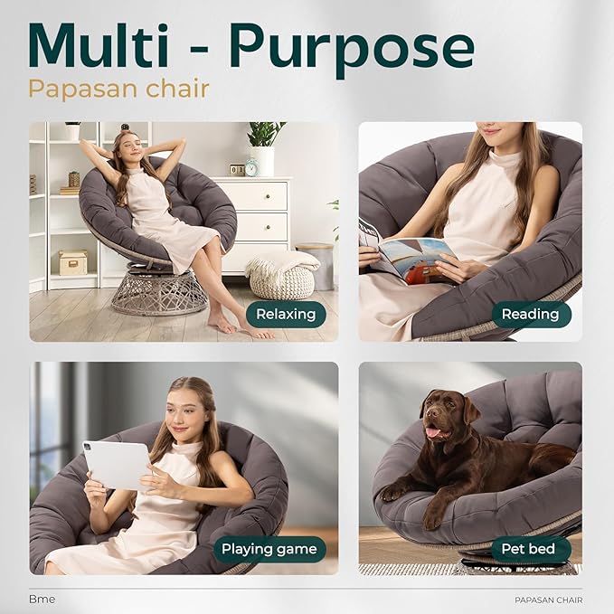 Bme 40" Ergonomic Wicker Papasan Chair with Soft Thick Cushion & Frame, 360° Swivel, Circle, Reading, Comfy Chair for Living Room, Bedroom