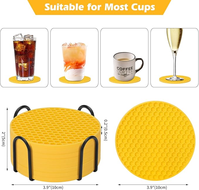 Silicone Coasters Set of 8 with Holder, Drinks Coasters, Beer & Coffee, Suitable for All Cups, Hot or Cold, Anti-Slip, Non-Stick, Anti-Overflow Tabletop Protection and Decor (8 Pcs, Yellow)