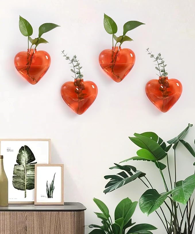 Nacome Wall Hanging Glass Planter Terrarium Plant Propagation Station, 4 Pack Heart Shape Vase for Hydroponic Home Office Garden Decor,Unique Gardening Gifts for Plant Lovers Women Mom(Orange)