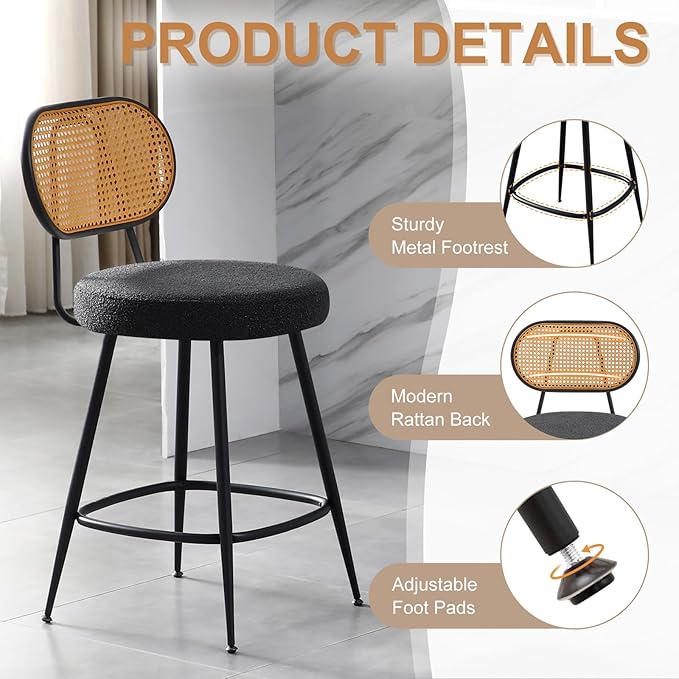 26" Rattan Barstools Set of 2, Counter Height Bar Chair with Black Metal Legs, Modern Armless Sherpa Pub Chair, Adjustable Feetpads Stools for Home Counter, Kitchen Dining Island, Cafe(Black)