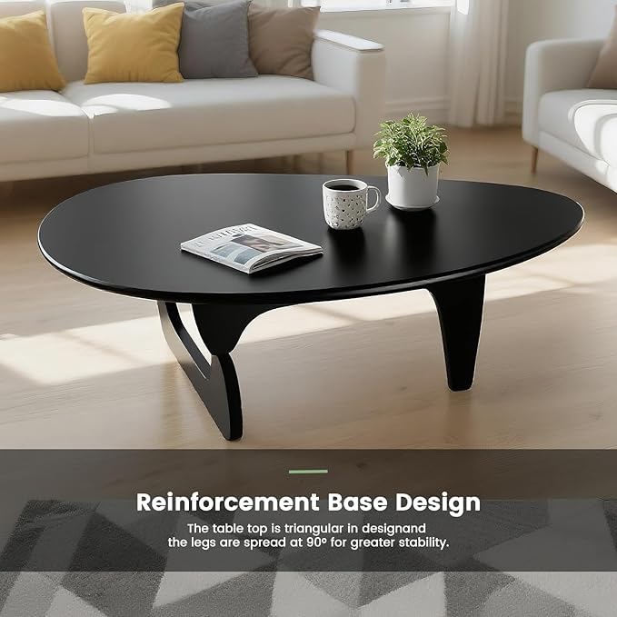 Solid Wooden Modern Triangle Coffee Table: Unique Funky Coffee Tables for Living Room, Oval Mid-Century Irregular Abstract Tea Tables for Patio Office Balcony Bedroom (Black, 50" L x 31" W x 16" H)