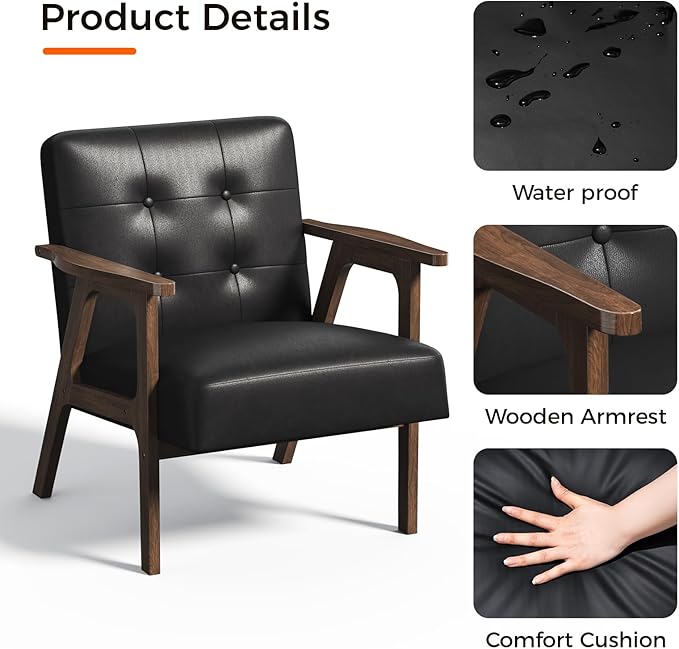 Casaottima PU Leather Accent Chair Mid Century Comfy Cozy Chair with Solid Wood Legs,Modern Arm Reading Chair with Button Tufted Back for Living Room Bedroom (Dark Black)