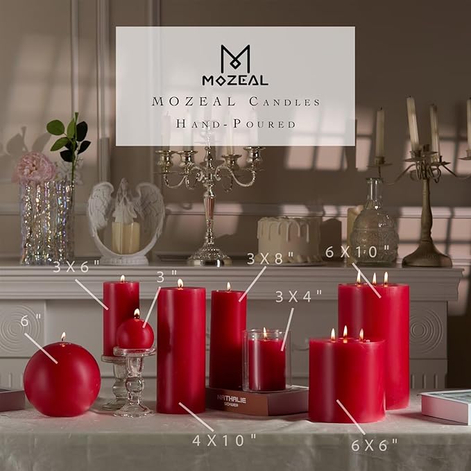 MOZEAL Hand-Poured, 3 Inch Red Round Ball Candles - Elegant Red Round Pillar Candles Set of 3, Dripless, Unscented, Smokeless, Ideal for Valentine's Day and Christmas.
