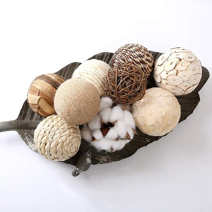 Assorted Decorative Spherical 9pcs Brown White Orbs Natural Twig Rattan Woven Cotton Balls for Vase Bowl Filler Tabletop Decor