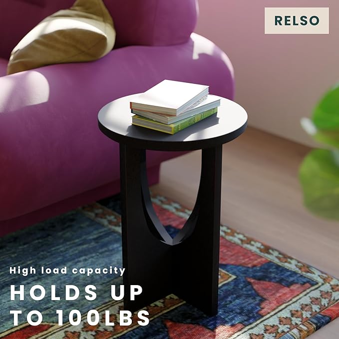 Stupa Solid Wood End Table – 22" Tall Round Side Table for Living Room or Bedroom, Handcrafted Accent Table in Distressed Black Finish, Easy Assembly, Modern Minimalist Design for Small Spaces