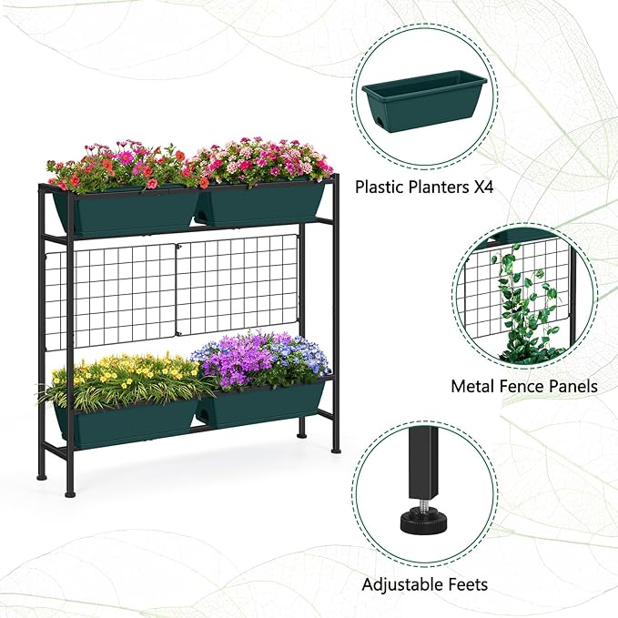 Raised Garden Beds 32.4" Tall Vertical Planter Boxes with Trellis Standing Herb Garden Planter Outdoor with Metal Fences Legs for Small Climbing Plant Gardening Vegetables Patio Balcony Porch, Green