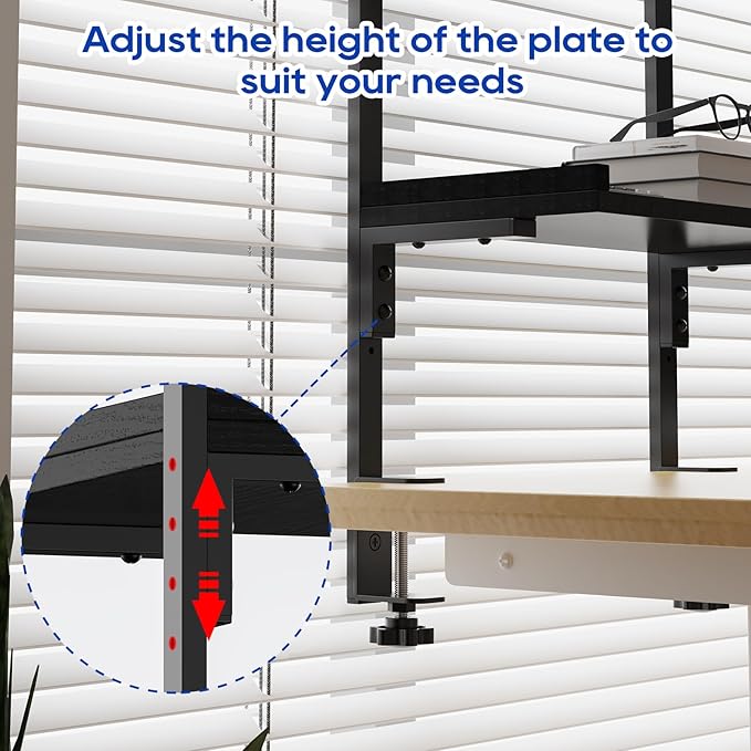 Clamp On Desk Shelf 2-Tier, 12.5 inche Wood Shelving Unit for Office Desk/Gaming Accessories, Tabletop Book Storage Rack, Shelf for Top & Under of Desk, Black