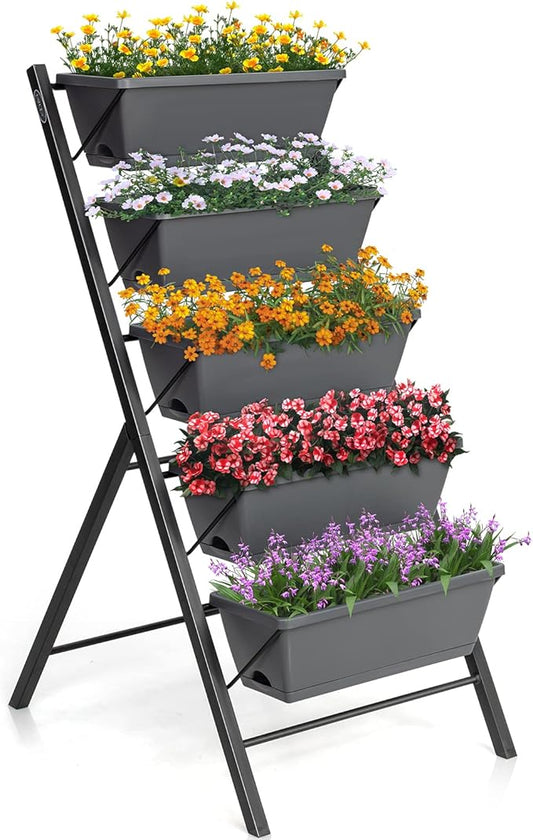 COSTWAY Vertical Raised Garden Bed, 5 Tier Planter Box with Drainage Holes for Vegetables, Grass, Flowers, Freestanding Garden Planter Indoor Outdoor, Patio, Balcony, Greenhouse
