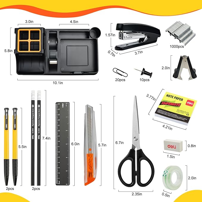 deli Black Office Supplies for Desk, 17Pcs Desk Organizers and Accessories with 4 Pens,Tape Dispenser,Stapler,Staples,Staple Remover,Pen Holder,Scissor,Ruler,Eraser,Note Pad,Cutter,Clips Set