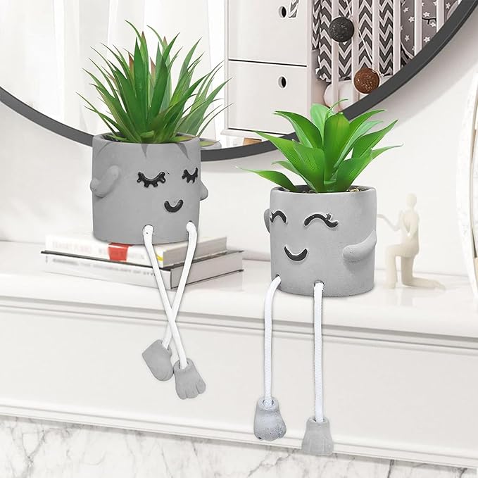 Zerzsy Faux Succulents in Cement Pots with Hanging Leg, Potted Mini Fake Plants for Desk Decor, Kitchen Shelf Decor, Office Decoration for Women, Bathroom Shelf Plants Decoration- Set of 2