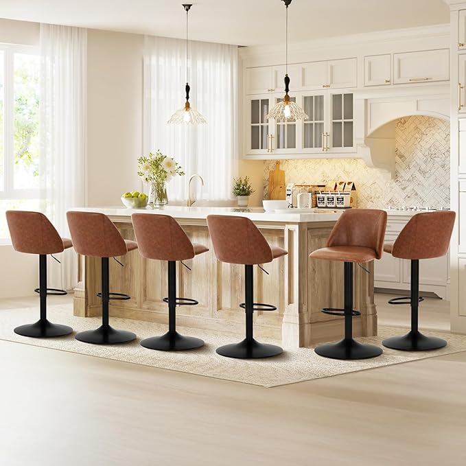 COLAMY Bar Stools Set of 6, Modern Swivel Bar Chairs, Adjustable PU Leather Upholstered Barstools Counter Height with Full Backrest for Bar, Dining Room, Kitchen Island, Brown