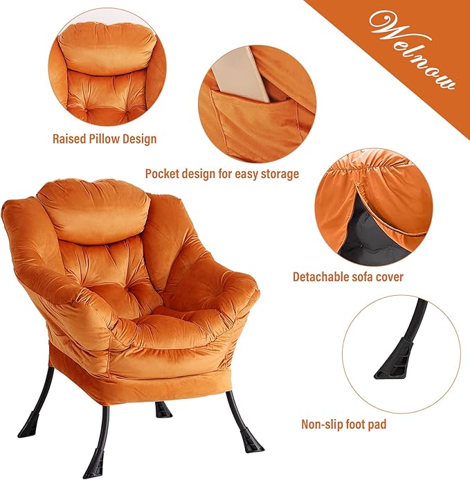 Welnow Lazy Chair with Ottoman, Modern Lounge Accent Chair with Armrests and a Side Pocket, Leisure Sofa Armchair, Reading Armchair with Footrest for Small Space, Corner Chair