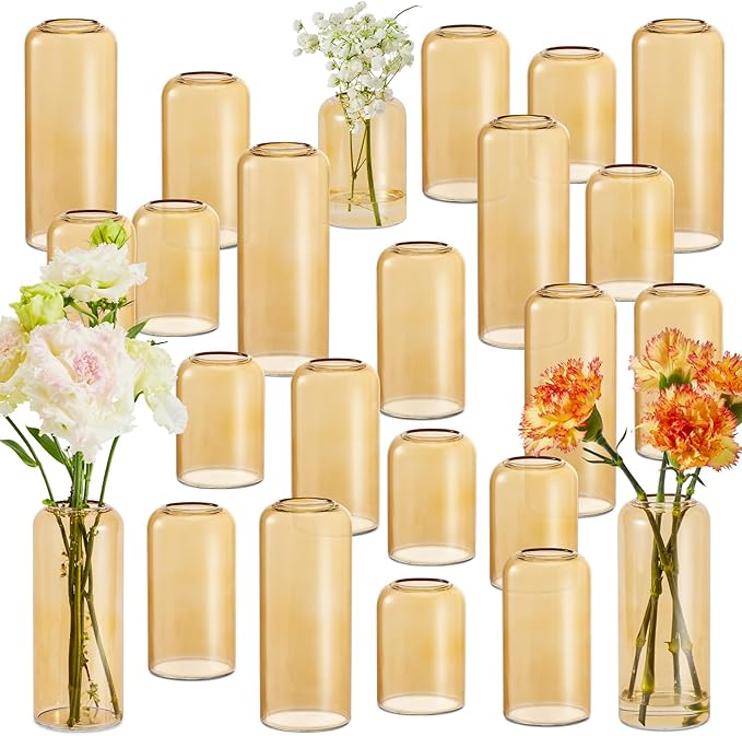 24pcs Glass Bud Vases Set, Clear Flower Vase for Centerpieces, Small Vases for Flowers, Decor Centerpiece for Bathroom, Decorative Vases for House Warming (Amber)