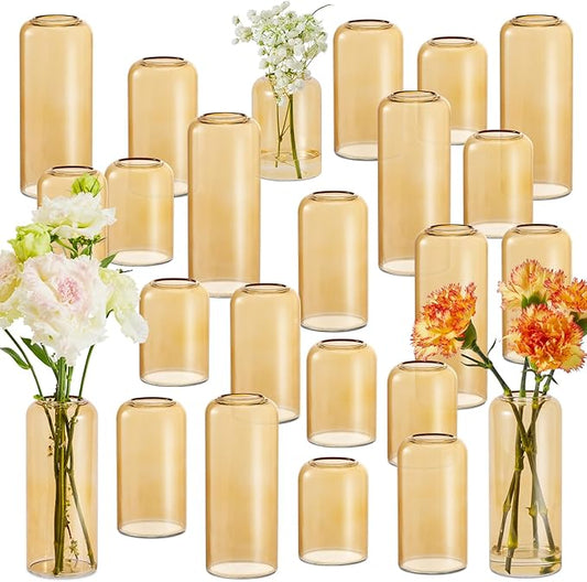 24pcs Glass Bud Vases Set, Clear Flower Vase for Centerpieces, Small Vases for Flowers, Decor Centerpiece for Bathroom, Decorative Vases for House Warming (Amber)