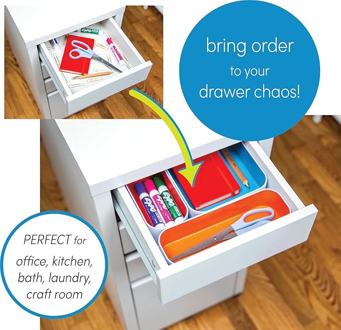 Three by Three Seattle 12 Piece Metal Organizer Tray Set for Storing Makeup, Stationery, Utensils, and More in Office Desk, Kitchen and Bathroom Drawers (Classic Colors)