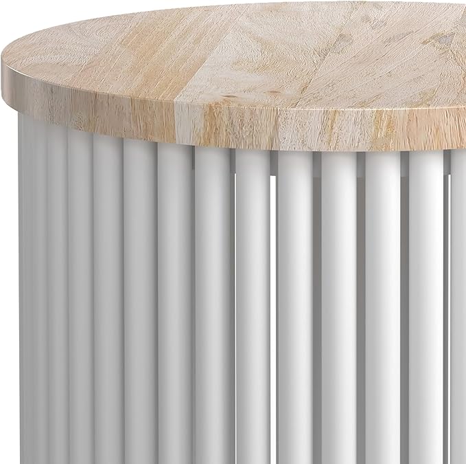 SIMPLIHOME Demy 18-inch Wide Metal and Solid Mango Accent Table in Natural/White, Round Side Table with Mango Wood Top for Living Room or Bedroom, Industrial Style, Assembled