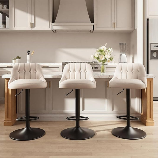 Bar Stools Set of 3, Swivel Bar Chairs, Modern Adjustable PU Leather Upholstered Barstools Counter Height with Tufted Back for Bar, Kitchen Counter Island, Dining Room, Beige