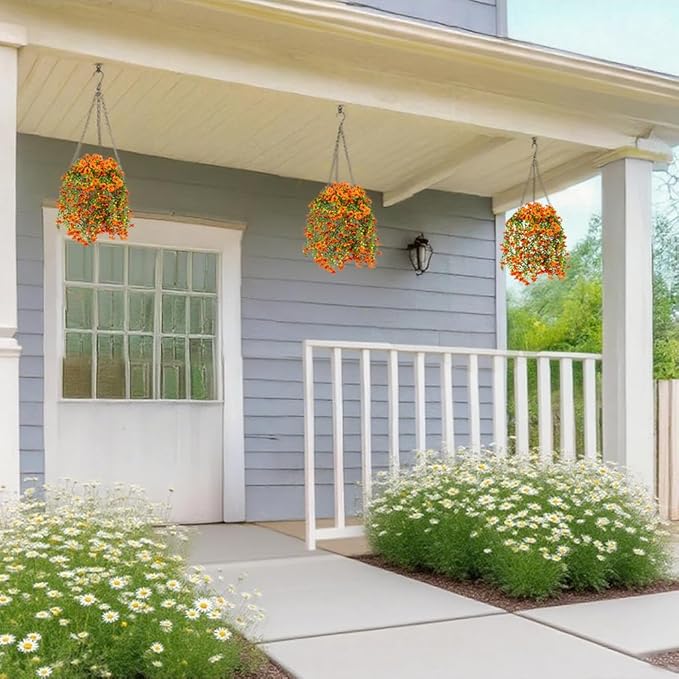 Artificial Flowers for Outdoors Decoration, 2 Pcs Outdoor Faux Plants Daisy with Eucalyptus Leaves Fall UV Resistant Fake Flowers Hanging Planters for Front Porch Patio Yard Door Garden Home Decor